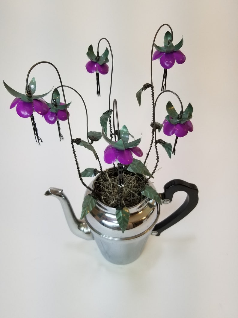 Lovely Purple Fuchsia Forever Blooming Tin Flowers Growing From Vintage Coffee Pot image 4