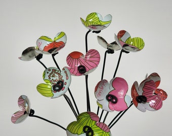 Happy Pink and Green Bouquet of Forever Blooming Tin Flowers, Free Shipping In US