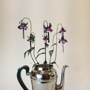Lovely Purple Fuchsia Forever Blooming Tin Flowers Growing From Vintage Coffee Pot image 5