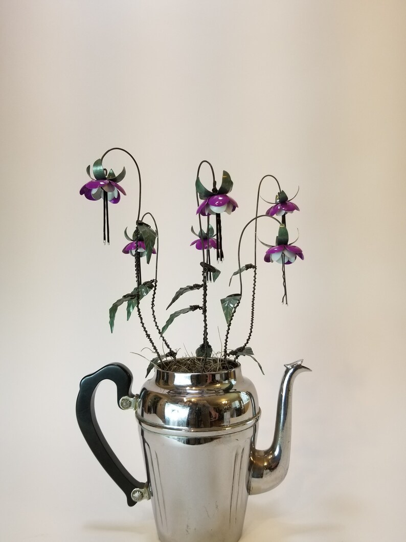 Lovely Purple Fuchsia Forever Blooming Tin Flowers Growing From Vintage Coffee Pot image 5