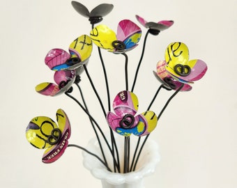 Pink and Yellow Bouquet of Forever Blooming Tin Flowers, Free Shipping In US