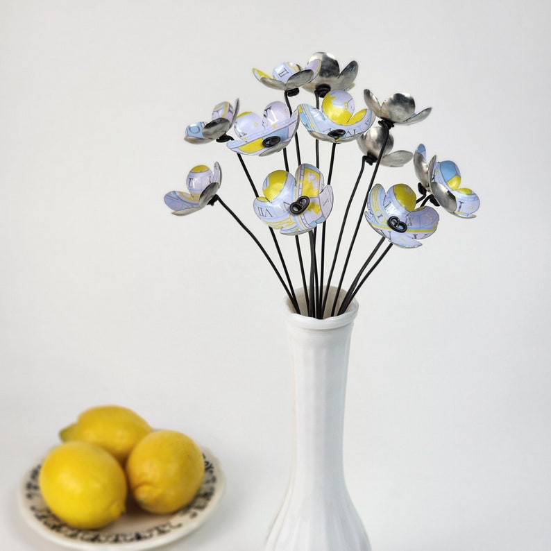 Lemon and Light Blue Blossoms Bouquet Forever Blooming Flowers Repurposed Art Free shipping image 5