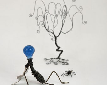 Sitting Blue Woodland Fairy With Vintage Glass Head and Silver Metal Wings, Free shipping in the USA