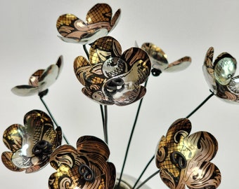 Gold Silver and Bronze Metallic Bouquet of Forever Blooming Tin Flowers Free Shipping In US