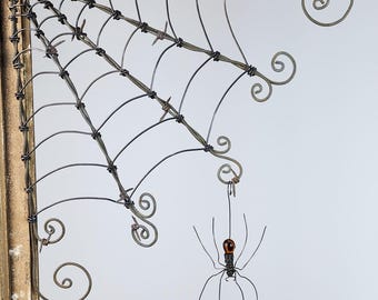 Czechoslovakian Orange Spider Dangles From 12&quot;  Barbed Wire Corner Spider Web