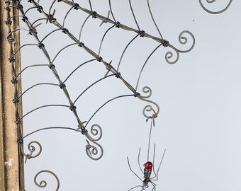 Czechoslovakian Red Spider Dangles From 12&quot;  Barbed Wire Corner Spider Web Made To order