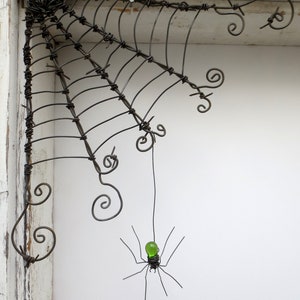 Czechoslovakian Green Spider Dangles From 12 Barbed Wire Corner Spider Web , Free Shipping in US image 1