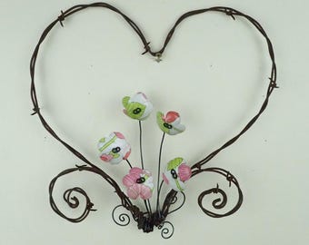 Barbed Wire Heart With White, Pink and Green Forever Blooming Flowers Free Shipping In the USA, made to order