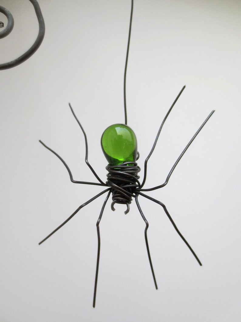 Czechoslovakian Green Spider Dangles From 12 Barbed Wire Corner Spider Web , Free Shipping in US image 3