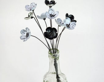 Black and White Bouquet of Forever Blooming Tin Flowers, Free Shipping In US