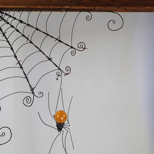 18"  Barbed Wire Corner Spider Web With Orange Spider
