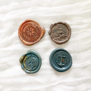 Set di 4 sigilli di ceralacca | Tema di viaggio | Globo, bussola, barca e ancora | Blu e marrone | Stile vintage