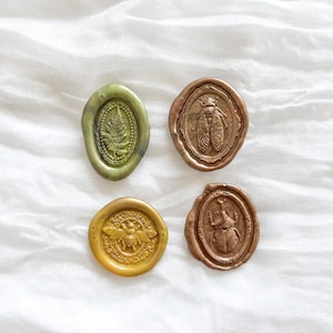 Set van 4 Wax Seals – Vintage Thema – Bij, Kevers en Plant – Handgemaakt – Bruin, Mosterd, Groen – Rustiek & Natuurlijk