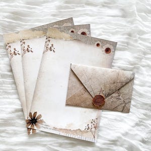 Set de papelería de viaje vintage: 3 papelerías de doble cara con collage de flores secas + sobre y sello de lacre con brújula - Hecho a mano