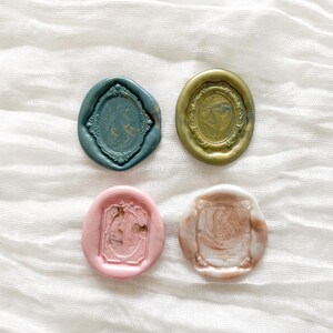 Juego de 4 sellos de lacre con temática de marcos de fotos vintage, hechos a mano, en azul, verde, rosa y blanco/marrón, con adhesivo de doble cara.