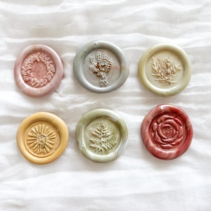 Set van 6 Wax Seals – Botanisch Lente Thema – Handgemaakt – Pasteltinten Groen, Geel, Blauw, Roze en Rood – Bloemen & Planten