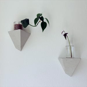 Può includere: Due mensole triangolari in cemento montate su una parete bianca. La mensola superiore contiene un barattolo di vetro con una pianta, e la mensola inferiore contiene un vaso di vetro con un solo fiore.