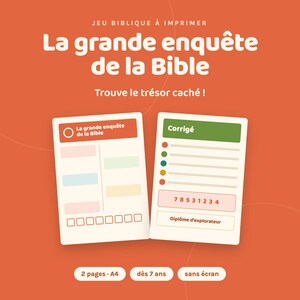 Peut inclure: Un jeu biblique à imprimer intitulé La grande enquête de la Bible, composé de deux cartes rectangulaires blanches sur fond orange. Une carte présente des cases colorées vides, l'autre affiche un en-tête vert intitulé Corrigé.