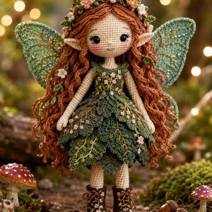 May include: A crocheted fairy doll with long wavy auburn hair, wearing a floral crown and a dress made of layered dark green leaves with small embroidered flowers. The doll has pointed ears, large black eyes, and wears brown lace-up boots.
