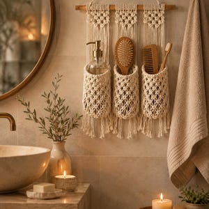 Puede incluir: Un organizador de macramé montado en la pared con tres bolsillos tejidos de color crema suspendidos de un listón de madera. Los bolsillos contienen un dispensador de jabón transparente con bomba dorada, un cepillo, un peine y un cepillo de dientes de madera.