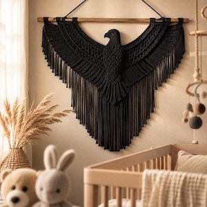 Black Macrame Eagle Wall Hanging, Gothic Bird Wall Decor, Boho Fiber Art Tapestry, Handmade Eagle Decor, Western Statement Wall Art