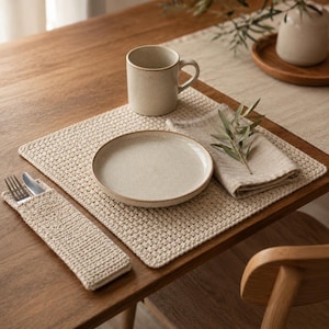 May include: A beige crocheted placemat and matching cutlery holder set. The placemat features a textured square weave pattern. A ceramic mug, a round ceramic plate, and a folded linen napkin topped with a small green sprig are placed on top.