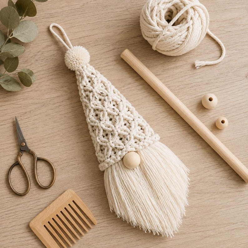 Puede incluir: Un adorno de gnomo de macram&eacute; hecho de cord&oacute;n de algod&oacute;n color crema, con un sombrero c&oacute;nico texturizado con pomp&oacute;n, una nariz de cuenta de madera lisa y una larga barba con flecos. El set incluye un ovillo de cord&oacute;n, un palo de madera y un peine.