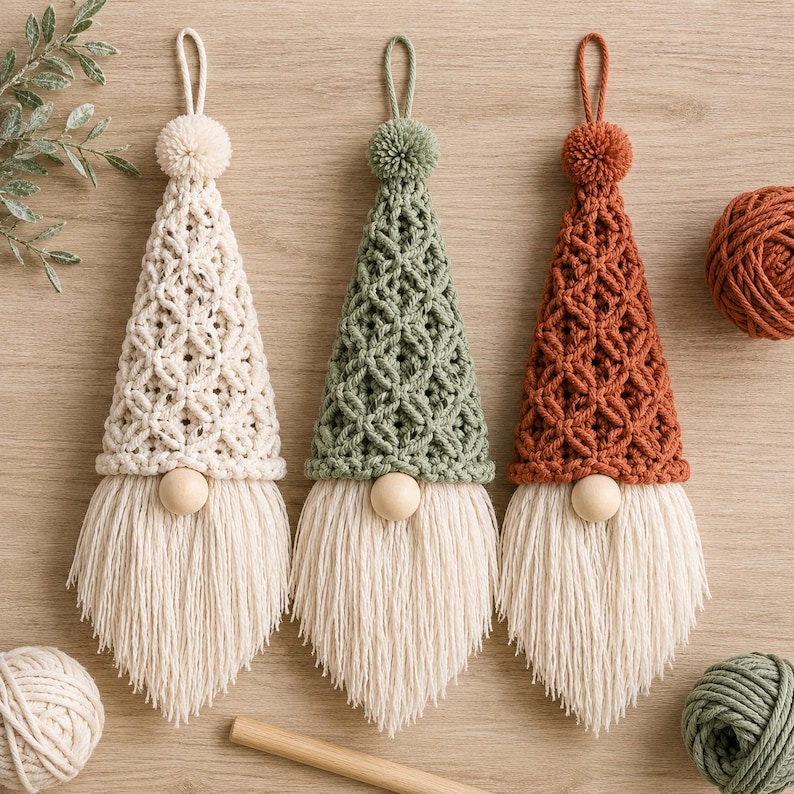 Puede incluir: Tres adornos colgantes de gnomo con sombreros de macram&eacute; en color crema, verde salvia y terracota. Cada gnomo tiene una nariz de cuenta de madera redonda y una larga barba de flecos color crema. Un pomp&oacute;n de hilo a juego corona cada gorro.