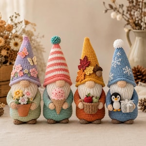 Säsongsbunden virkad gnommönster, vår, sommar, höst, vinter Amigurumi (PDF-nedladdning)