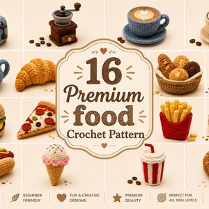 16 virkade matmönster i PDF-format, Amigurumi-lekmatspaket, låtsasleksaker i köket, snabbmat till café och bageri, digital nedladdning