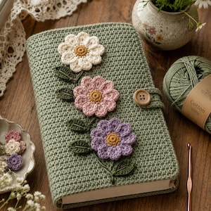 May include: A sage green crocheted book cover featuring three dimensional flowers in white, pink, and purple with yellow centers. The cover includes dark green crocheted leaves, a wooden button closure, and a matching green yarn skein with a crochet hook.