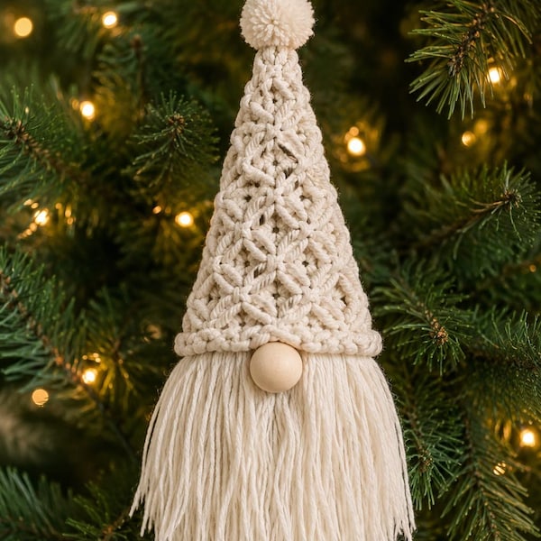 Schema per macramè a forma di gnomo in PDF, tutorial di macramè per principianti, schema per ornamento natalizio a forma di gnomo, decorazioni natalizie boho fai da te, download digitale