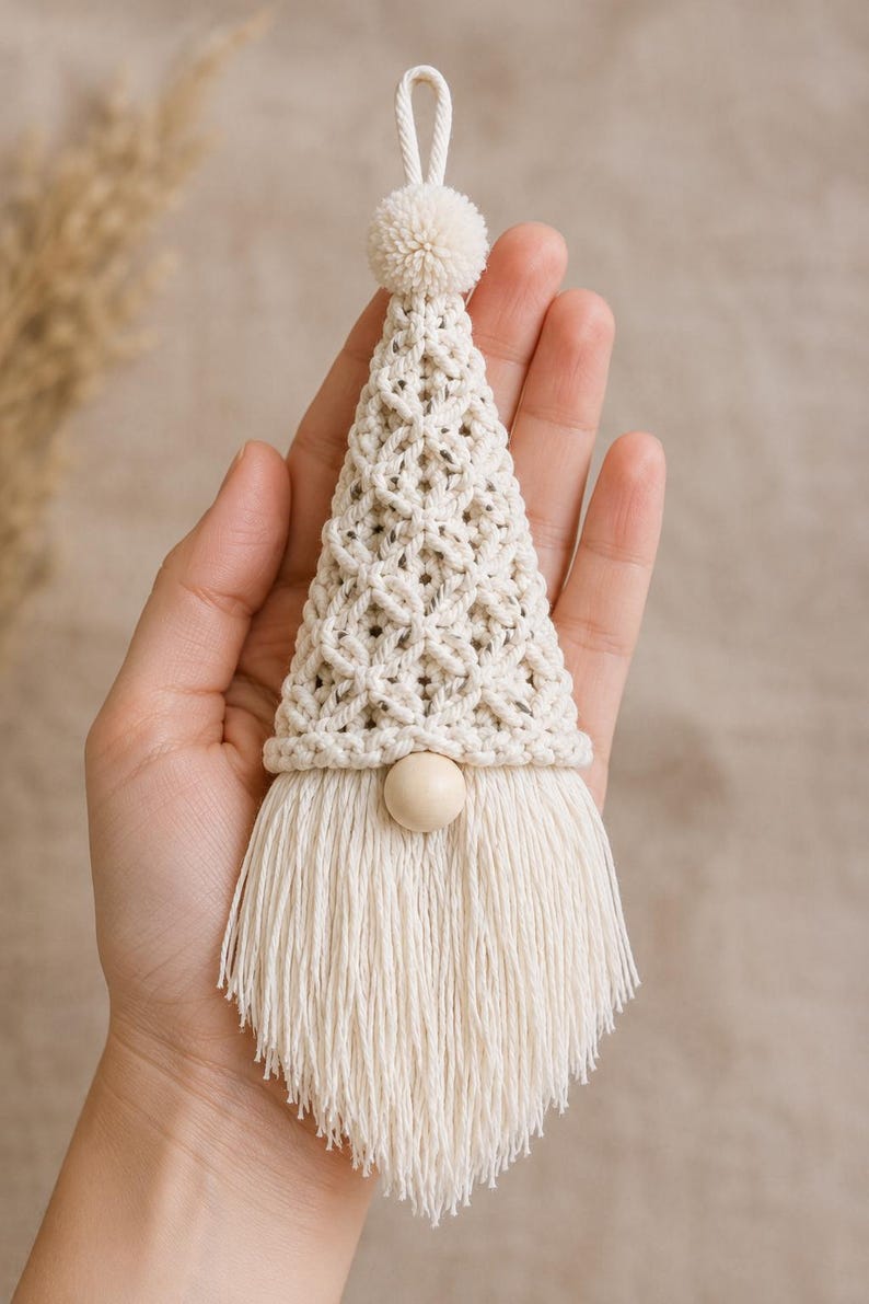 Puede incluir: Un adorno de gnomo de macram&eacute; en color crema que presenta un sombrero triangular con un dise&ntilde;o de nudos en forma de diamante, un peque&ntilde;o pomp&oacute;n en la parte superior, una cuenta de madera lisa como nariz y una larga barba con flecos.
