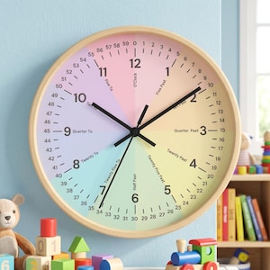 Könnte beinhalten: Eine runde Wanduhr mit hellem Holzrahmen. Das Zifferblatt ist in Pastellfarbsegmente unterteilt, mit schwarzen Zeigern und Zahlen. Das Zifferblatt hat die Wörter "O'Clock", "Five Past", "Ten Past", "Quarter Past", "Twenty Past", "Twenty Five Past", "Half Past", "Twenty Five To", "Twenty To", "Quarter To", "Ten To" und "Five To".