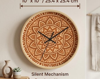 Orologio da parete Mandala Sunburst | Orologio decorativo in legno stile boho, arte geometrica marrone