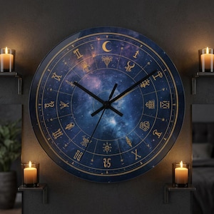 Könnte beinhalten: Eine runde Wanduhr mit dunkelblauem Zifferblatt, das ein Himmelsdesign mit goldenen römischen Ziffern und Tierkreiszeichen zeigt. Die Uhr hat schwarze Zeiger und ist von brennenden Kerzen umgeben.