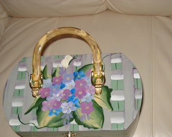 Hand painted wooden purse with Hydrangea bouquet
