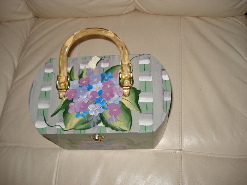 Hand painted wooden purse with Hydrangea bouquet image 1