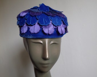 Vintage 1960's Blue Velvet and Purple Satin Pillbox Hat w/Veil - Cascading Layers of Flower Petals