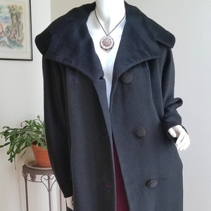 Gorgeous '50's "Chatsworth" Black Wool Coat with Wonderful Shawl Collar - Lusciously Soft Wool Coat w/Luxurious Black Satin Lining
