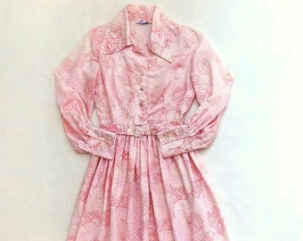 True Vintage &#39;50&#39;s-&#39;60&#39;s Pink & Lavender Floral Day Dress - Fit and Flare Long Sleeve Permanent Dress  w/Original Matching Belt sz M