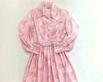 True Vintage '50's-'60's Pink & Lavender Floral Day Dress - Fit and Flare Long Sleeve Permanent Dress  w/Original Matching Belt sz M