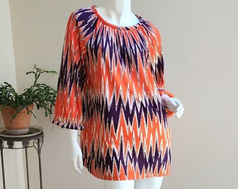 Authentic Vintage '60's-'70's MOD "Indorables" Purple and Orange Zigzag Mini Dress or Tunic w/Padded Space Age Collar & Cuffs sz M