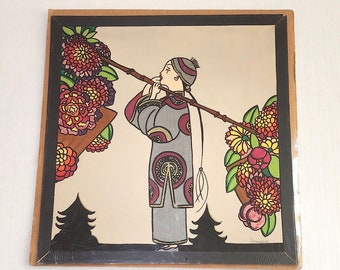 Vintage '30's Art Deco Wall Hanging  Signed by A Manders - Vibrant Watercolor(?) Painting with Asian Caricature Figure & Flowers 17" x 16"