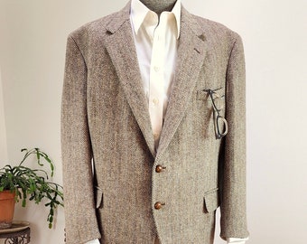 Classic Vintage '60's HARRIS TWEED Tweed Man's Wool Jacket - Chevron Pattern Handwoven Tweed Suit Jacket sz 44