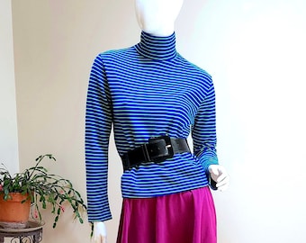 Vintage MOD '60's - '70's Striped Blue & Chartreuse Green Turtleneck Cropped Sweater - Beatnik Style hirt - sz M