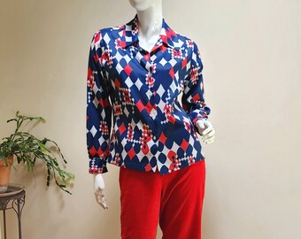 Authentic Vintage '70's MOD Optical Illusion Hearts and Diaminds Blouse - Red White & Blue Long Sleeve Top - sz M