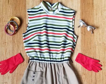 Vestido de rayas estilo vintage MOD de los años 70, modelo "Miss Donna", color caqui y punto, talla S.