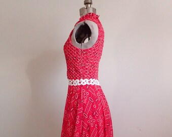 Vintage 1960's Red Gingham Maxi Gown w/Ruched Sleeveless Bodice and Flowing Skirt - Mod Country Maxi Dress-M