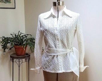 Vintage '70's Sexy White Lace Semi Sheer Blouse w/Matching Sash /Scarf - Sassy Top